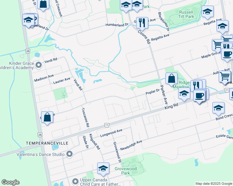 map of restaurants, bars, coffee shops, grocery stores, and more near 38 Puccini Drive in Richmond Hill