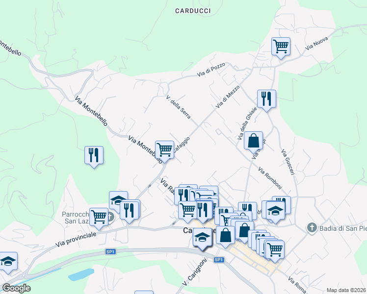map of restaurants, bars, coffee shops, grocery stores, and more near 3 Via dei Ciliegi in Camaiore