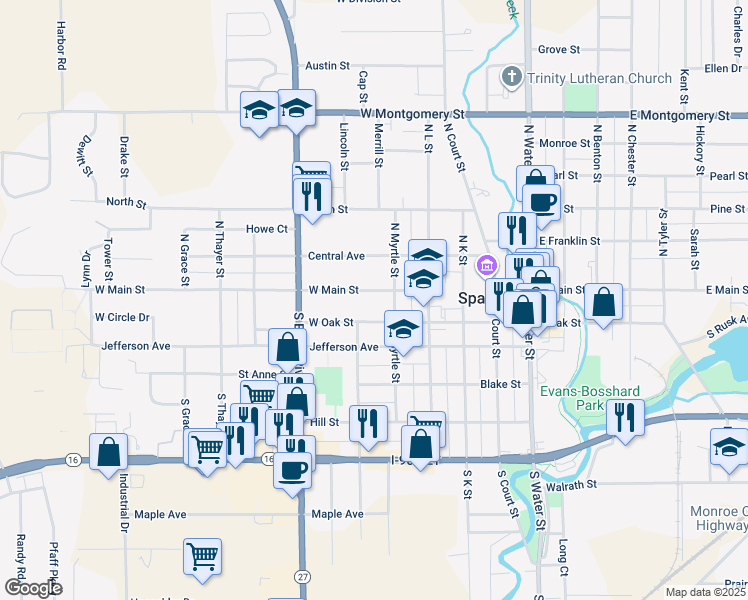 map of restaurants, bars, coffee shops, grocery stores, and more near 515 West Main Street in Sparta