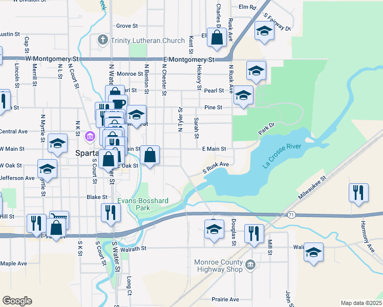 map of restaurants, bars, coffee shops, grocery stores, and more near 511 East Main Street in Sparta