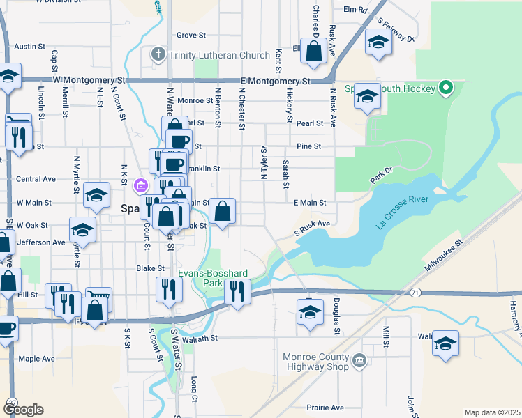 map of restaurants, bars, coffee shops, grocery stores, and more near 100 South Tyler Street in Sparta