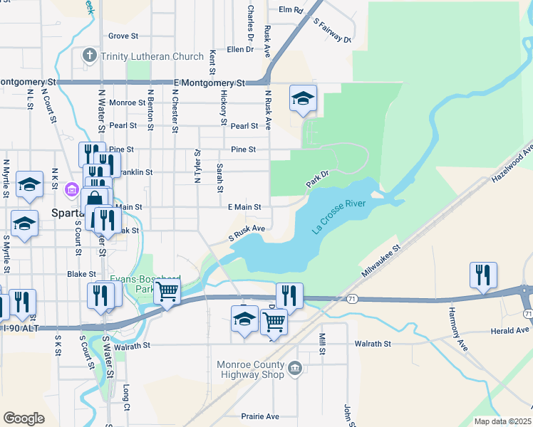 map of restaurants, bars, coffee shops, grocery stores, and more near 643 East Main Street in Sparta