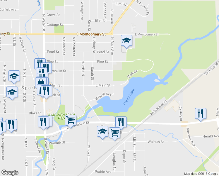 map of restaurants, bars, coffee shops, grocery stores, and more near 643 East Main Street in Sparta