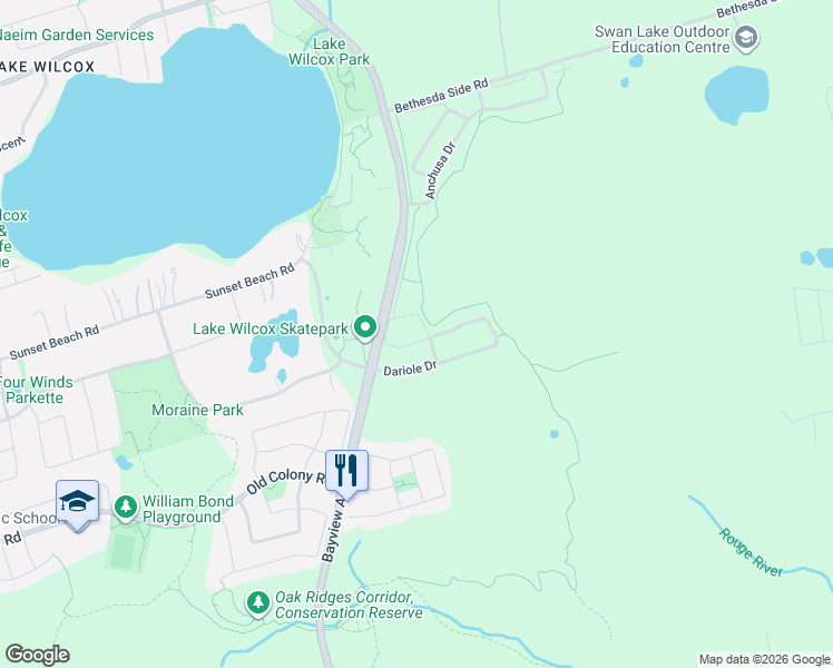 map of restaurants, bars, coffee shops, grocery stores, and more near 104 Denarius Crescent in Richmond Hill