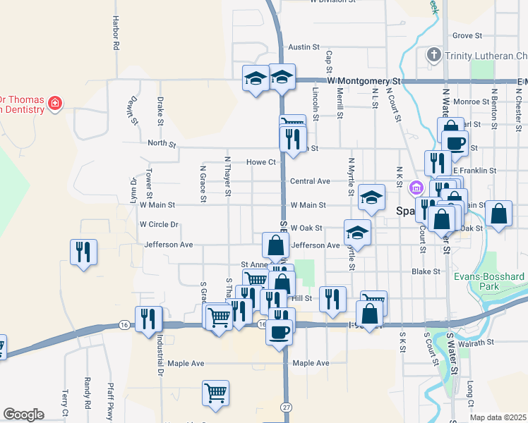 map of restaurants, bars, coffee shops, grocery stores, and more near 817 West Main Street in Sparta
