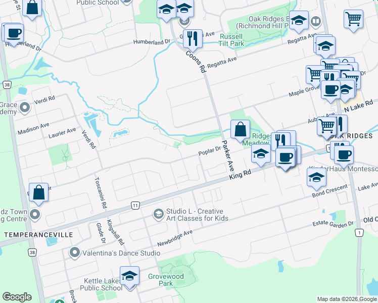 map of restaurants, bars, coffee shops, grocery stores, and more near 22 Poplar Drive in Richmond Hill
