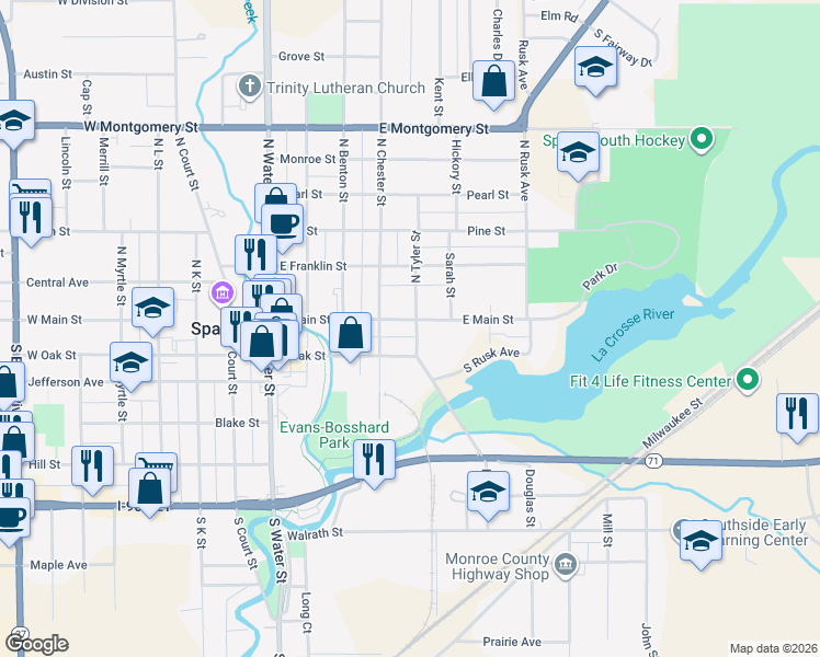 map of restaurants, bars, coffee shops, grocery stores, and more near 100 South Tyler Street in Sparta