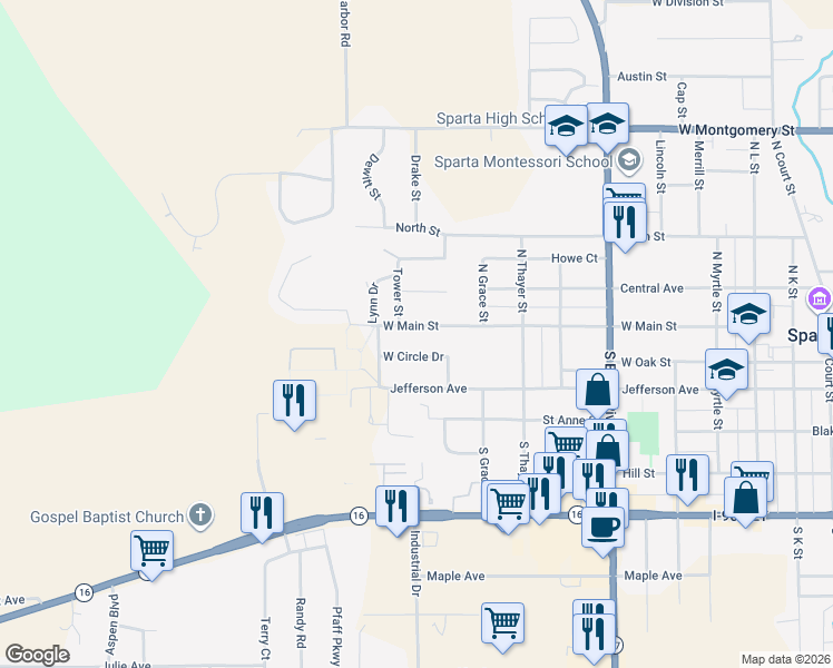 map of restaurants, bars, coffee shops, grocery stores, and more near 1215 West Main Street in Sparta