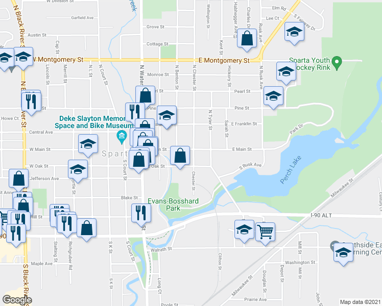 map of restaurants, bars, coffee shops, grocery stores, and more near 319 East Main Street in Sparta