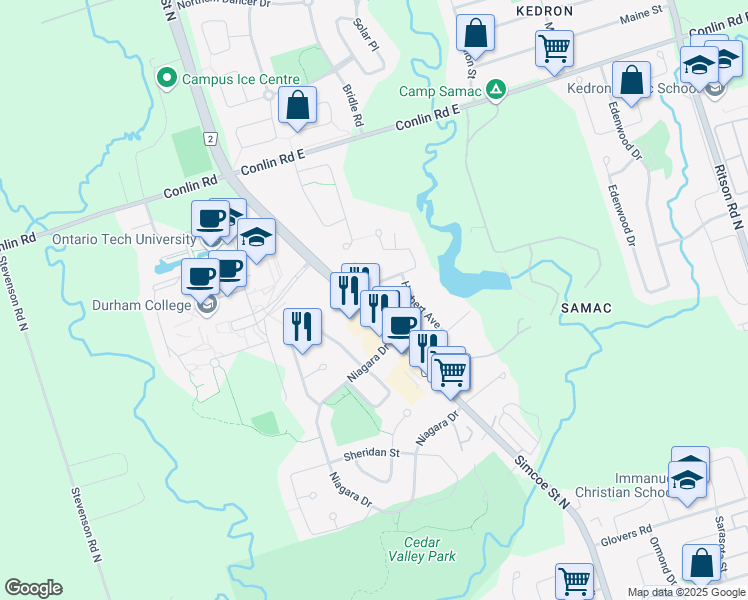 map of restaurants, bars, coffee shops, grocery stores, and more near 1909 Simcoe Street North in Oshawa