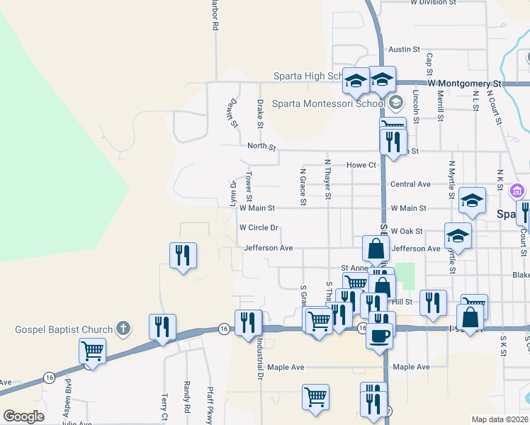 map of restaurants, bars, coffee shops, grocery stores, and more near 1215 West Main Street in Sparta