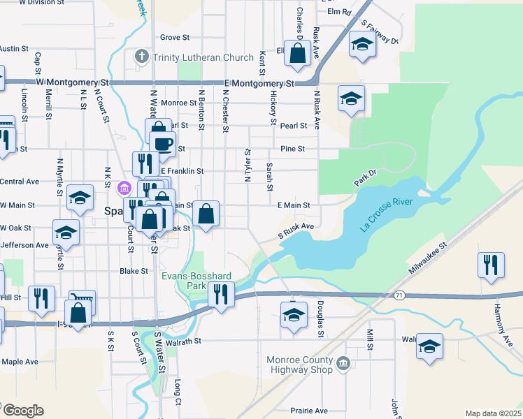 map of restaurants, bars, coffee shops, grocery stores, and more near 511 East Main Street in Sparta