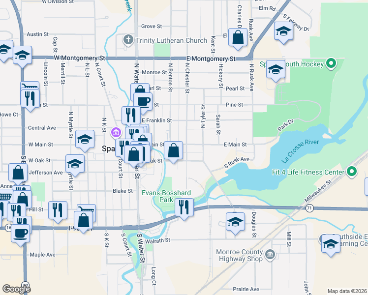 map of restaurants, bars, coffee shops, grocery stores, and more near 319 East Main Street in Sparta