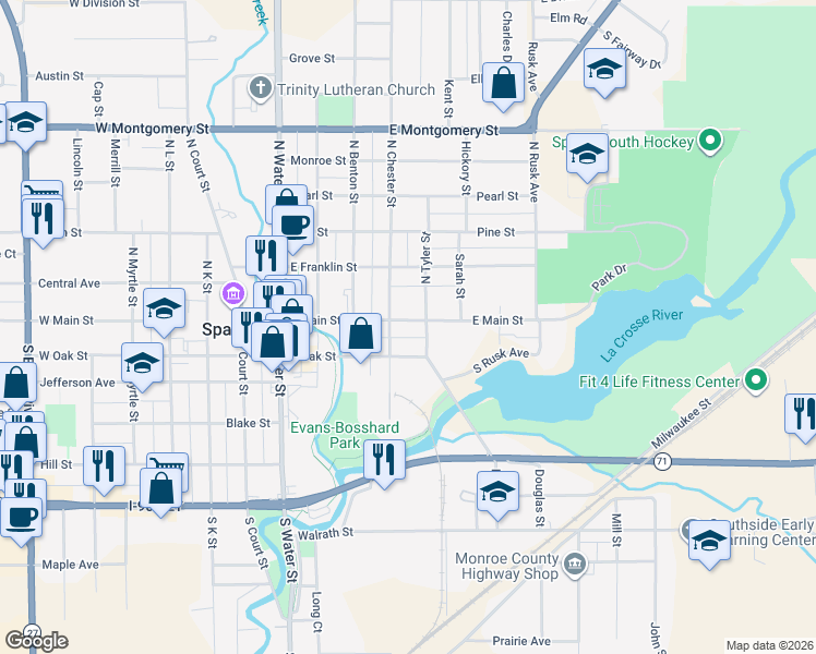 map of restaurants, bars, coffee shops, grocery stores, and more near 100 South Tyler Street in Sparta