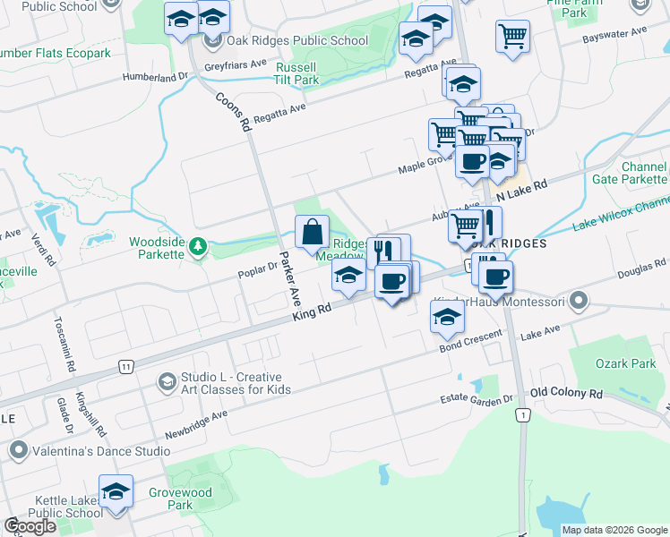map of restaurants, bars, coffee shops, grocery stores, and more near 23 George Street in Richmond Hill