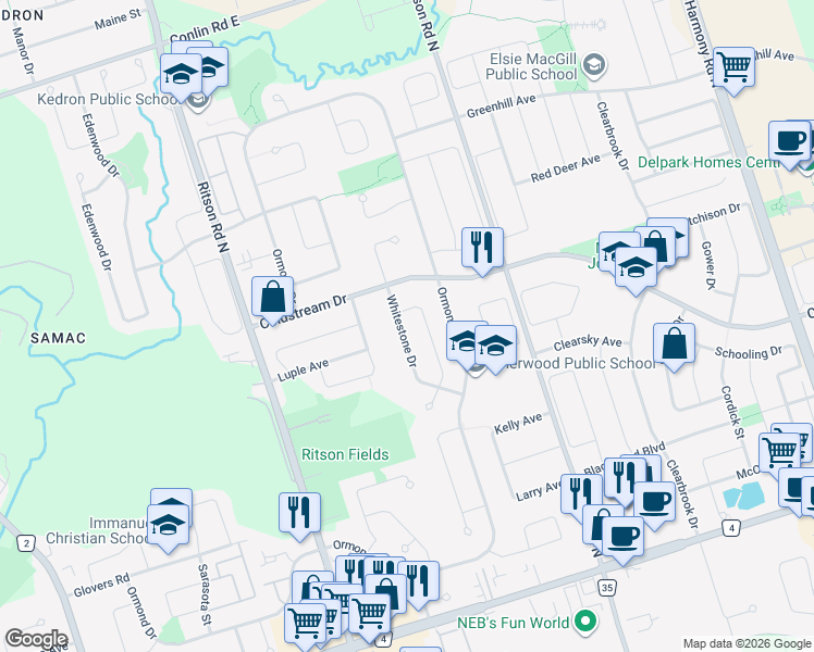 map of restaurants, bars, coffee shops, grocery stores, and more near 1687 Whitestone Drive in Oshawa