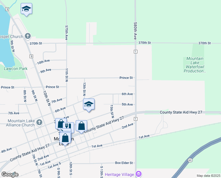 map of restaurants, bars, coffee shops, grocery stores, and more near 1427 6th Avenue in Mountain Lake
