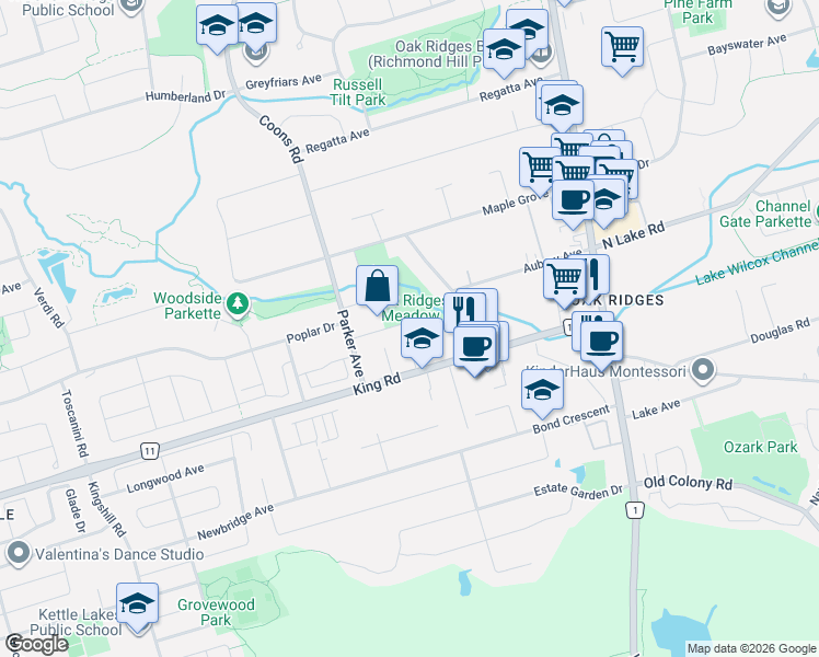 map of restaurants, bars, coffee shops, grocery stores, and more near 21 George Street in Richmond Hill