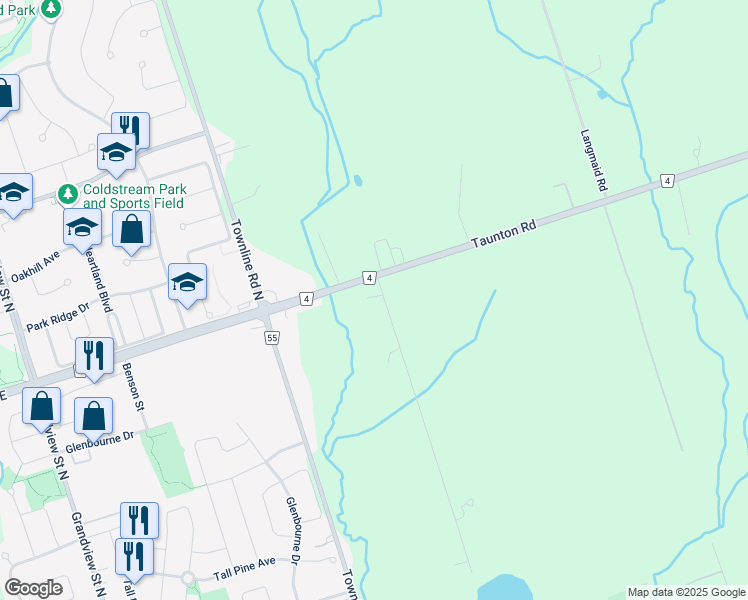 map of restaurants, bars, coffee shops, grocery stores, and more near 4852 Fices Road in Oshawa
