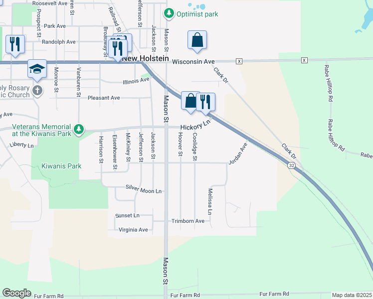 map of restaurants, bars, coffee shops, grocery stores, and more near 1706 Hoover Street in New Holstein