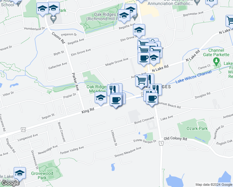 map of restaurants, bars, coffee shops, grocery stores, and more near 1 George Street in Richmond Hill