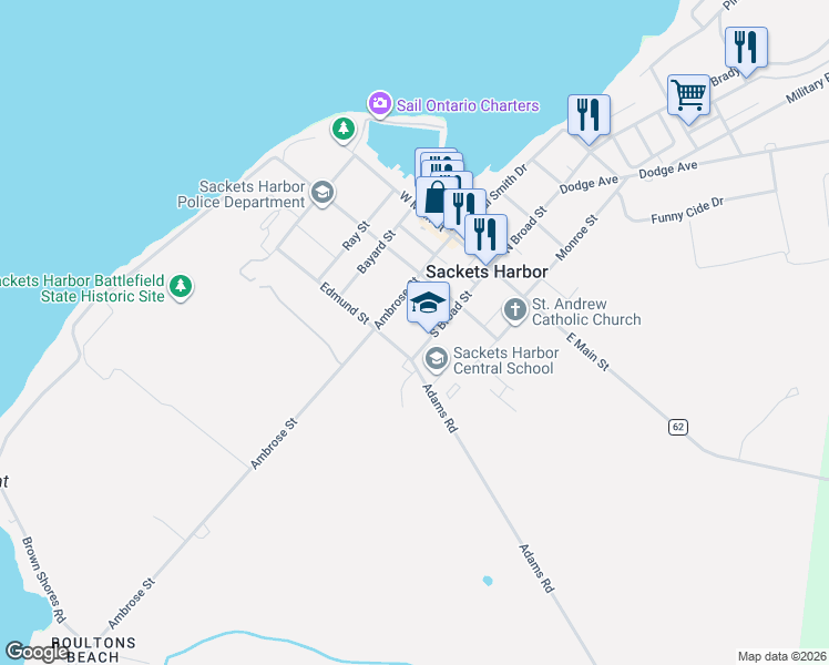 map of restaurants, bars, coffee shops, grocery stores, and more near 218 South Broad Street in Sackets Harbor