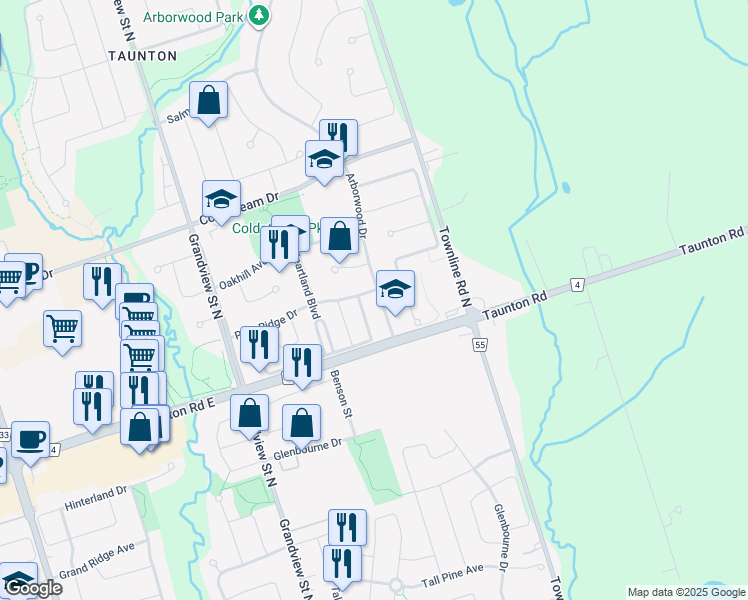 map of restaurants, bars, coffee shops, grocery stores, and more near 1474 Arborwood Drive in Oshawa