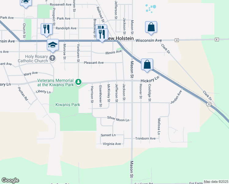 map of restaurants, bars, coffee shops, grocery stores, and more near 1709 Jefferson Street in New Holstein