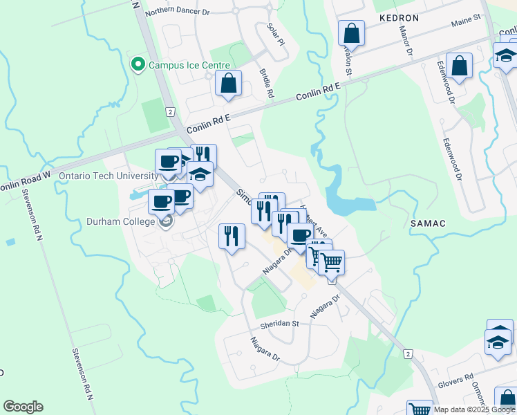 map of restaurants, bars, coffee shops, grocery stores, and more near Durham Regional Road 2 in Oshawa