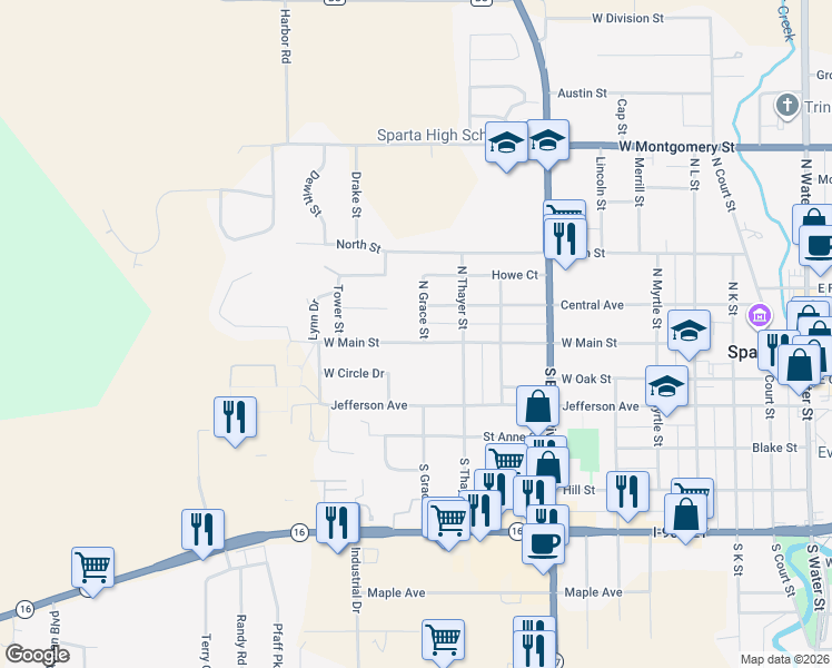 map of restaurants, bars, coffee shops, grocery stores, and more near 1111 West Main Street in Sparta