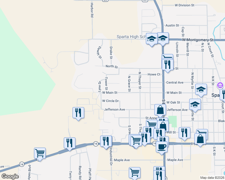 map of restaurants, bars, coffee shops, grocery stores, and more near 1215 West Main Street in Sparta
