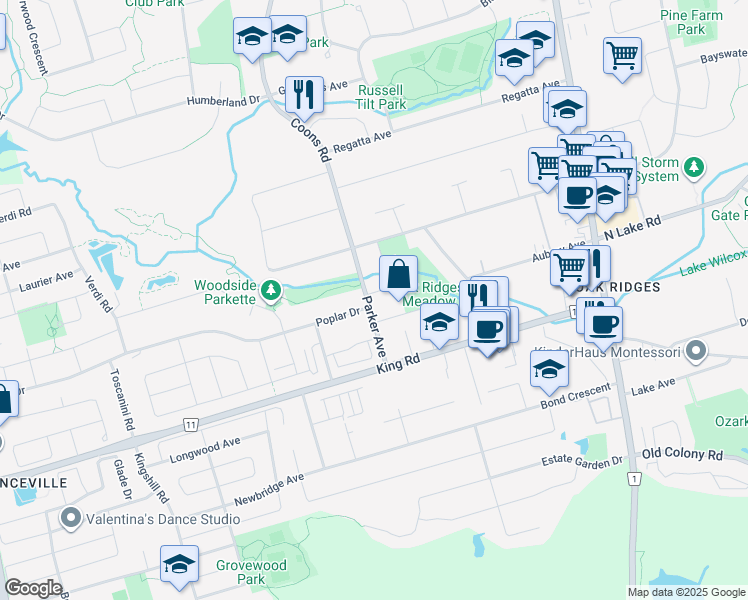 map of restaurants, bars, coffee shops, grocery stores, and more near 11 Parker Avenue in Richmond Hill