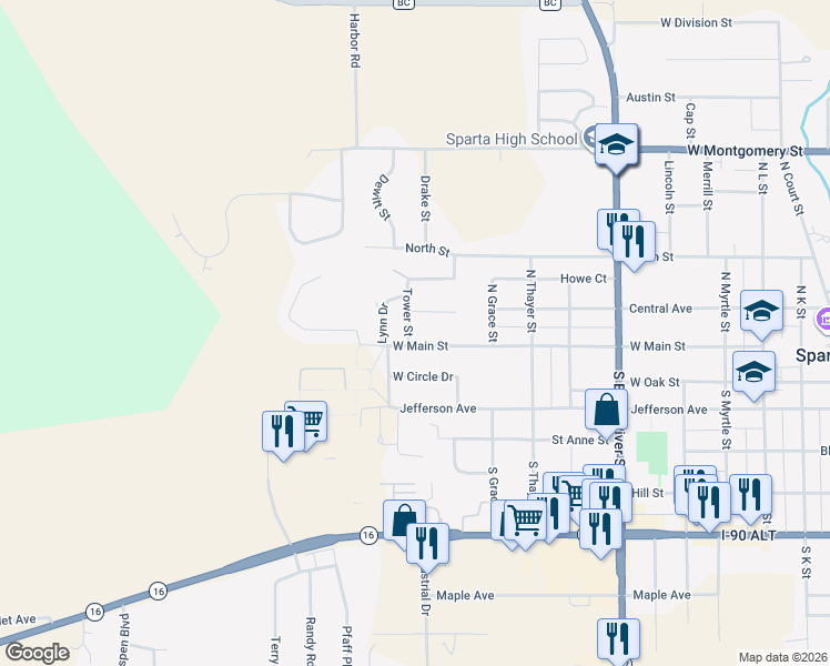 map of restaurants, bars, coffee shops, grocery stores, and more near 1208 Conrad Circle in Sparta