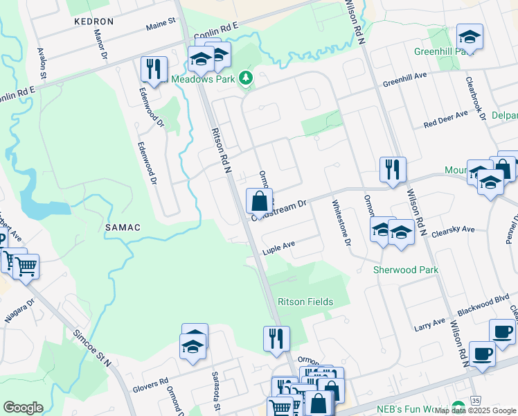 map of restaurants, bars, coffee shops, grocery stores, and more near 1707 Ritson Road North in Oshawa