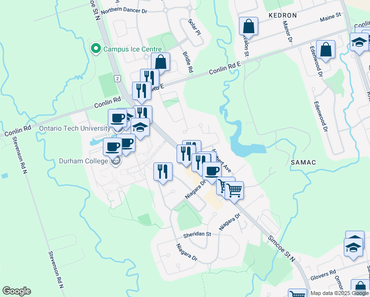 map of restaurants, bars, coffee shops, grocery stores, and more near 2 Taylorwood Road in Oshawa