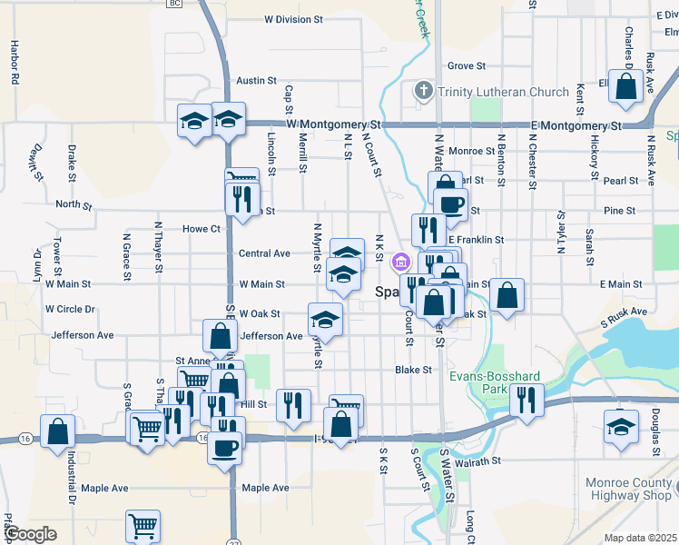 map of restaurants, bars, coffee shops, grocery stores, and more near 410 Central Avenue in Sparta