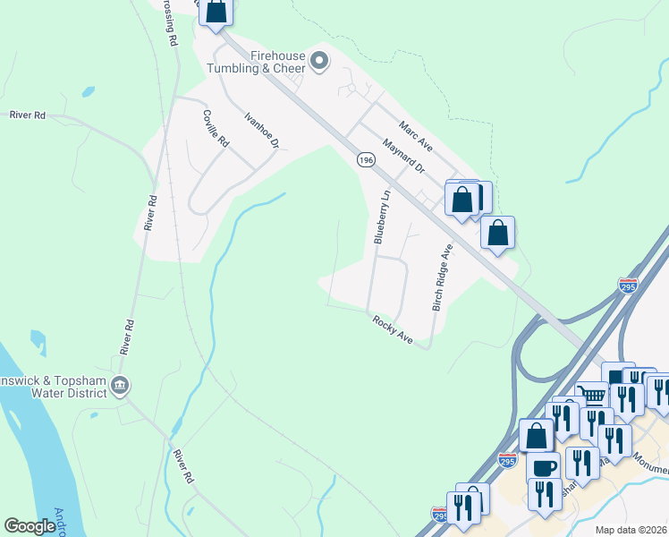 map of restaurants, bars, coffee shops, grocery stores, and more near 9 Blueberry Lane in Topsham