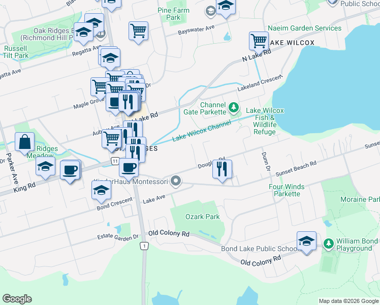 map of restaurants, bars, coffee shops, grocery stores, and more near 20 Headwater Crescent in Richmond Hill