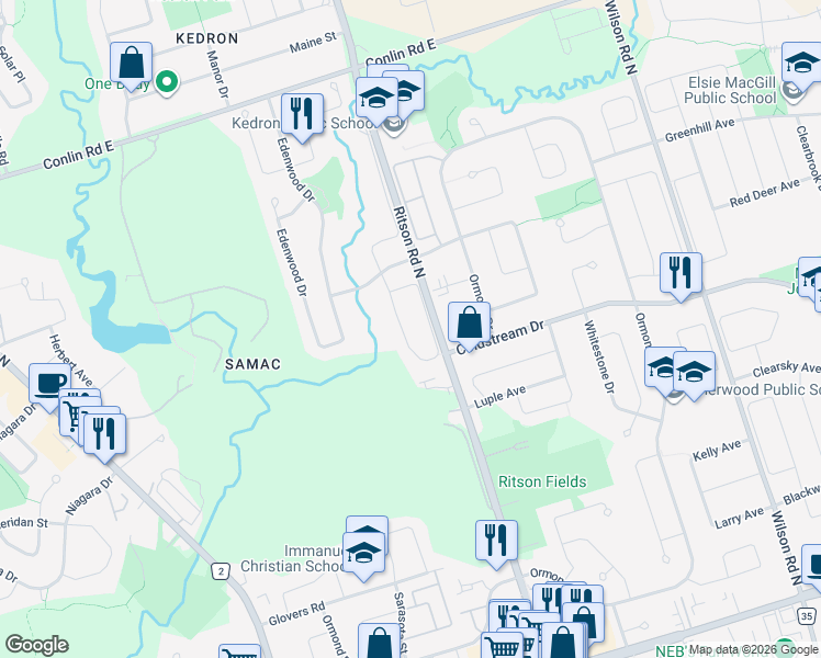map of restaurants, bars, coffee shops, grocery stores, and more near 1717 Woodgate Trail in Oshawa