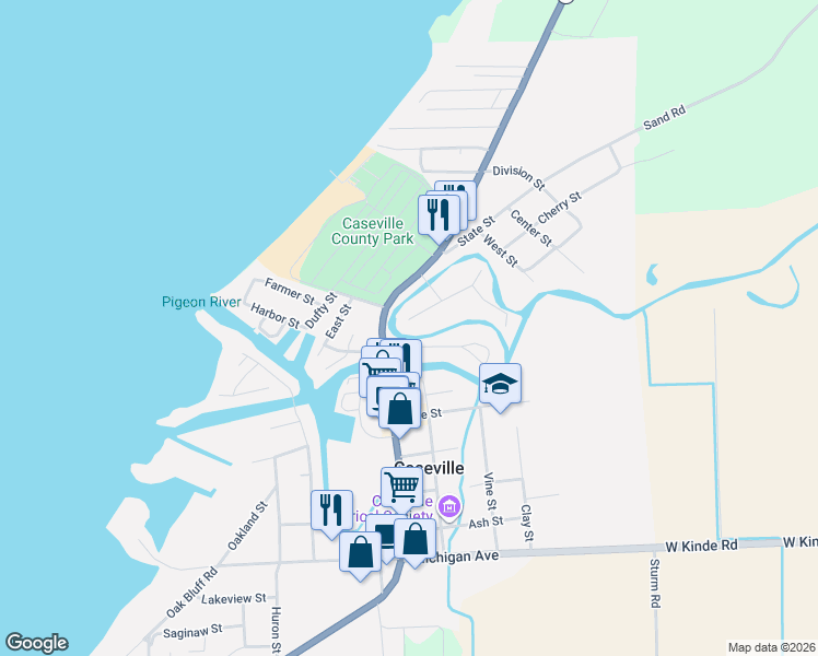 map of restaurants, bars, coffee shops, grocery stores, and more near 6498 Terrie Drive in Caseville