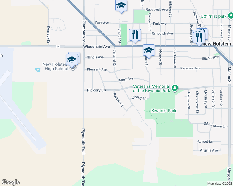 map of restaurants, bars, coffee shops, grocery stores, and more near 2304 Hickory Lane in New Holstein