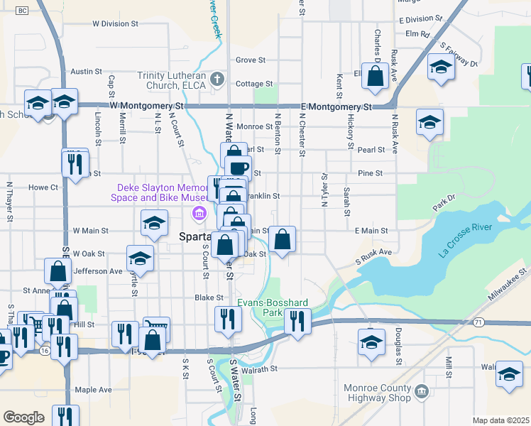 map of restaurants, bars, coffee shops, grocery stores, and more near 201 East Franklin Street in Sparta