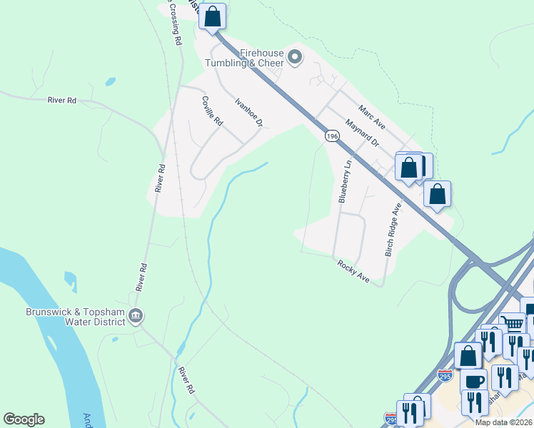 map of restaurants, bars, coffee shops, grocery stores, and more near 11 Blueberry Lane in Topsham