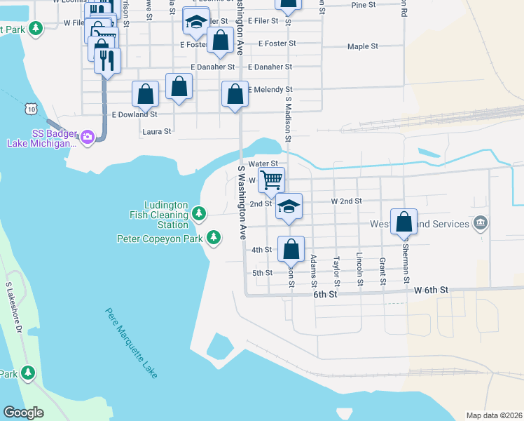 map of restaurants, bars, coffee shops, grocery stores, and more near 207 Jefferson Street in Ludington