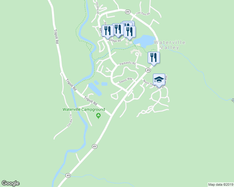 map of restaurants, bars, coffee shops, grocery stores, and more near Forest Knoll Way in Waterville Valley