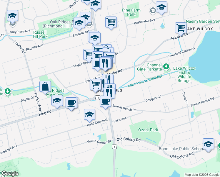 map of restaurants, bars, coffee shops, grocery stores, and more near in Richmond Hill