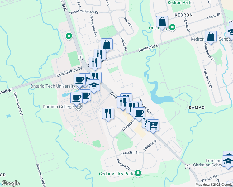 map of restaurants, bars, coffee shops, grocery stores, and more near 2019 Simcoe Street North in Oshawa