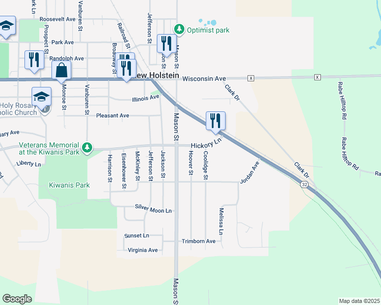 map of restaurants, bars, coffee shops, grocery stores, and more near 1325 Hickory Lane in New Holstein