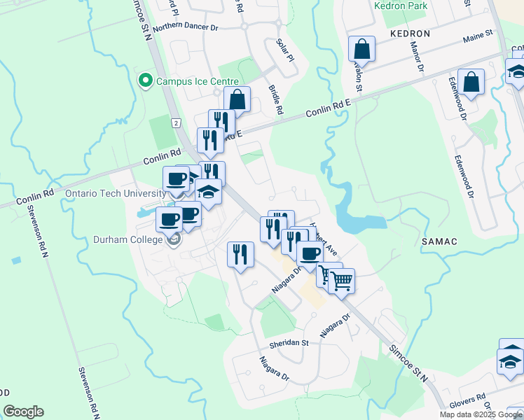map of restaurants, bars, coffee shops, grocery stores, and more near 2019 Simcoe Street North in Oshawa