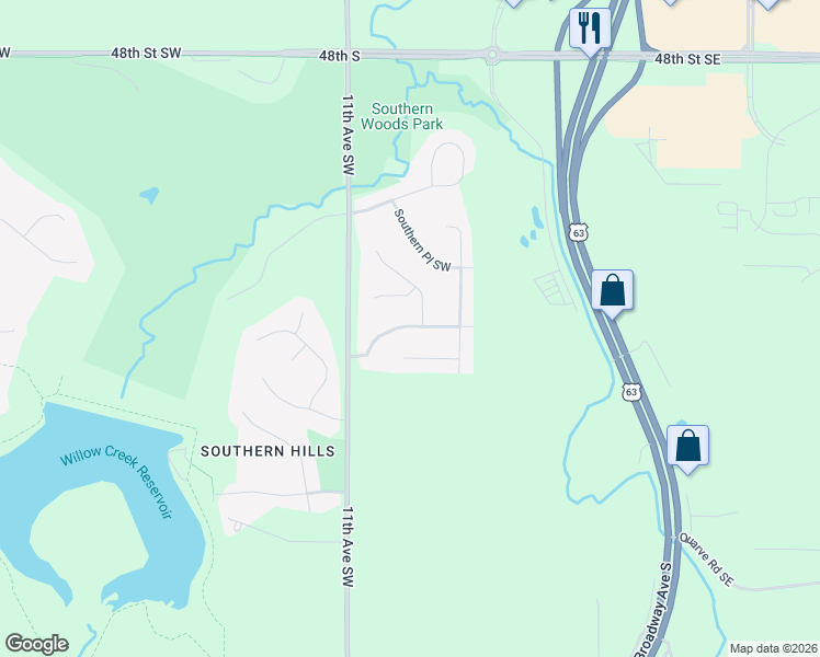 map of restaurants, bars, coffee shops, grocery stores, and more near 991 Southern Ridge Drive Southwest in Rochester